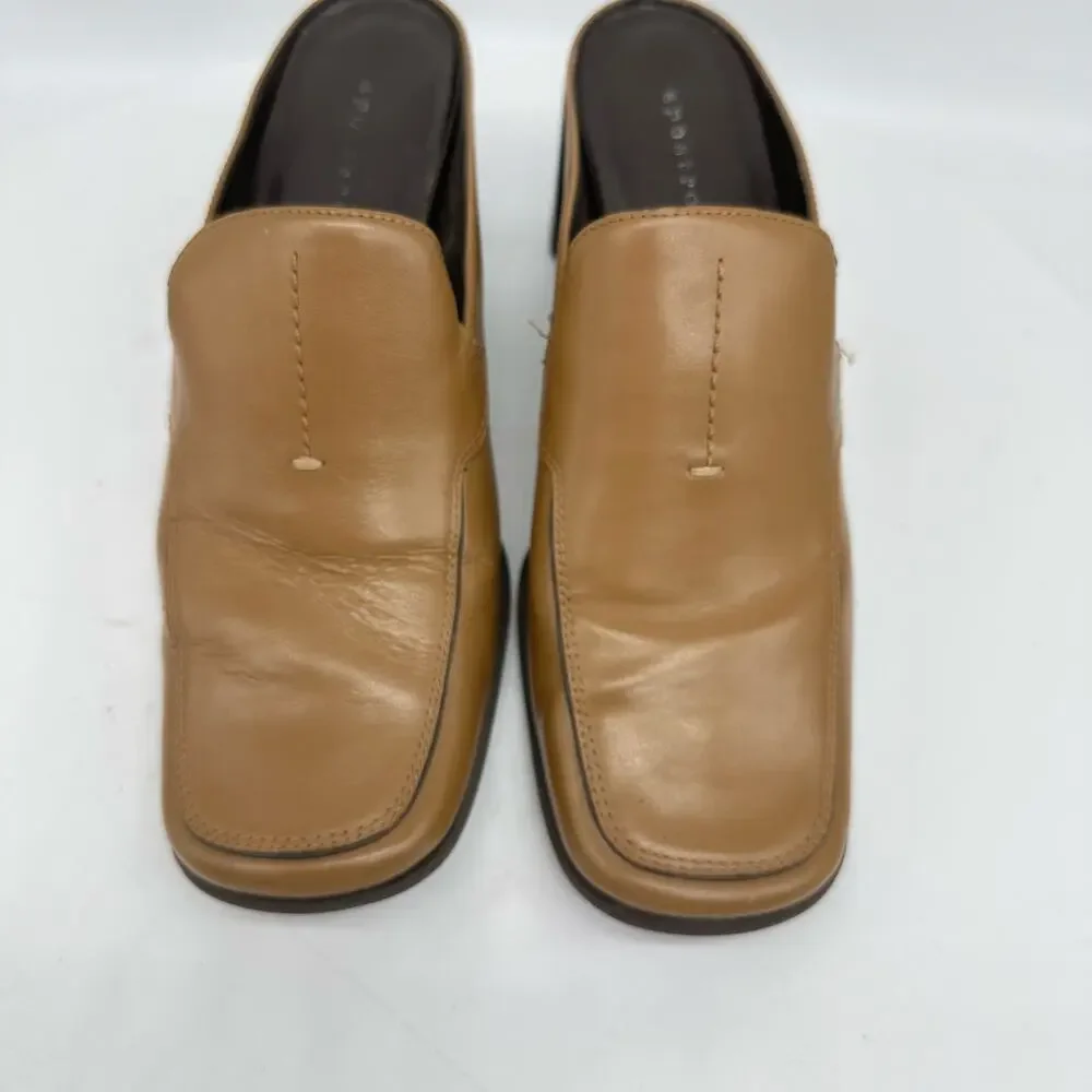 Apostrophe Cognac Block Heel Leather Square Toe Mule Womens Size 7 Y2K Vintage